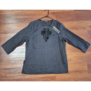 Donna Karan Womens XL Blouse Urban Safari Black Pure Linen Top Shirt